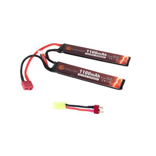 Evolution Li-Po Ultra Power 7.4V 1100mAh 20C - 40C Peak Airsoft Battery with T-Plug + Adapter